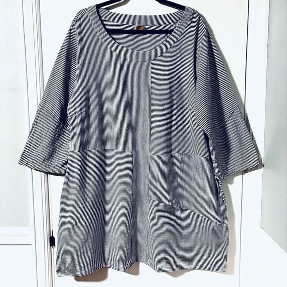 Tulip clothing XL blue & white thin stripe cotton pieced tunic dress w pockets - Picture 1 of 11